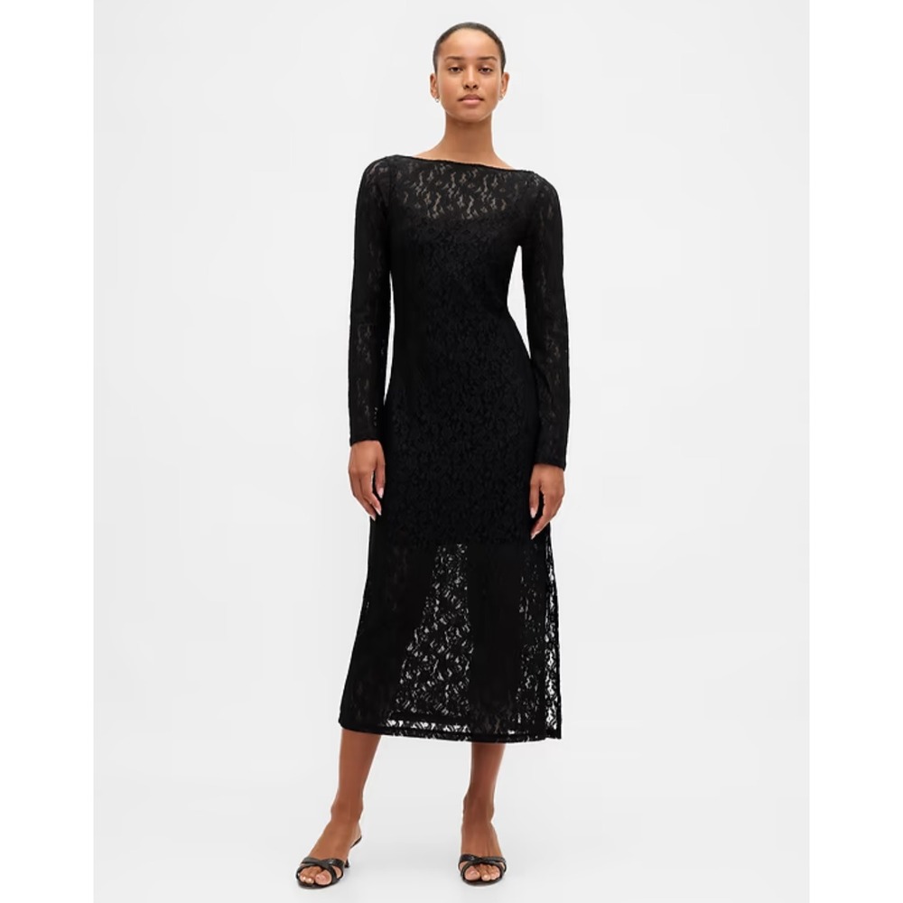 New Gap Lace Maxi Dress Medium Black Long Bell Sleeve Boatneck Side Slit Sexy